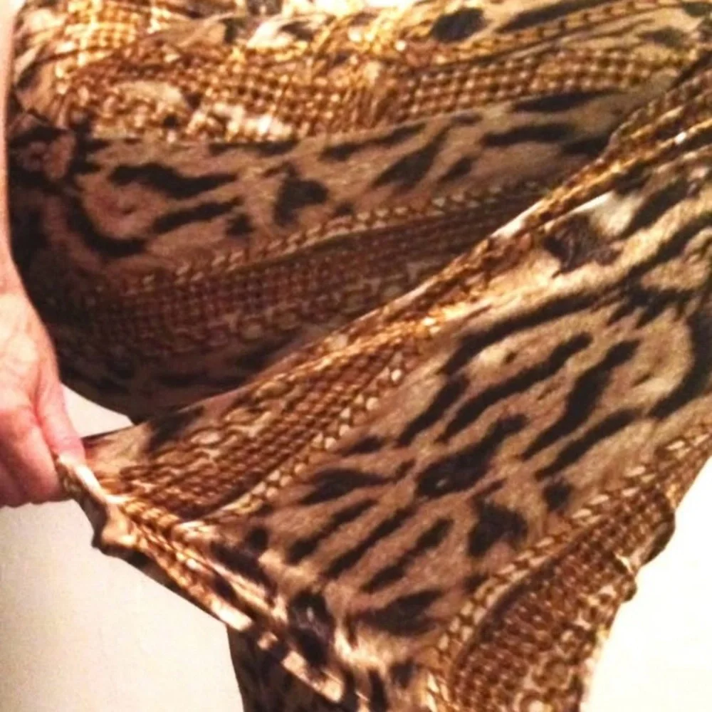Roberto Cavalli Leopard and Gold Chains Flared Leg Silk Stretch Pants - Picture 10 of 13